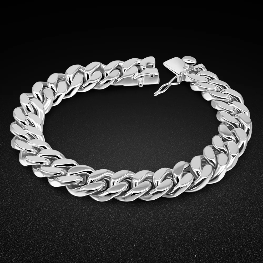 

Miami Classic Cuban Chain 925 Sterling Silver Bracelet Men's Hip Hop Rock Jewelry 19-25cm with Gift Box
