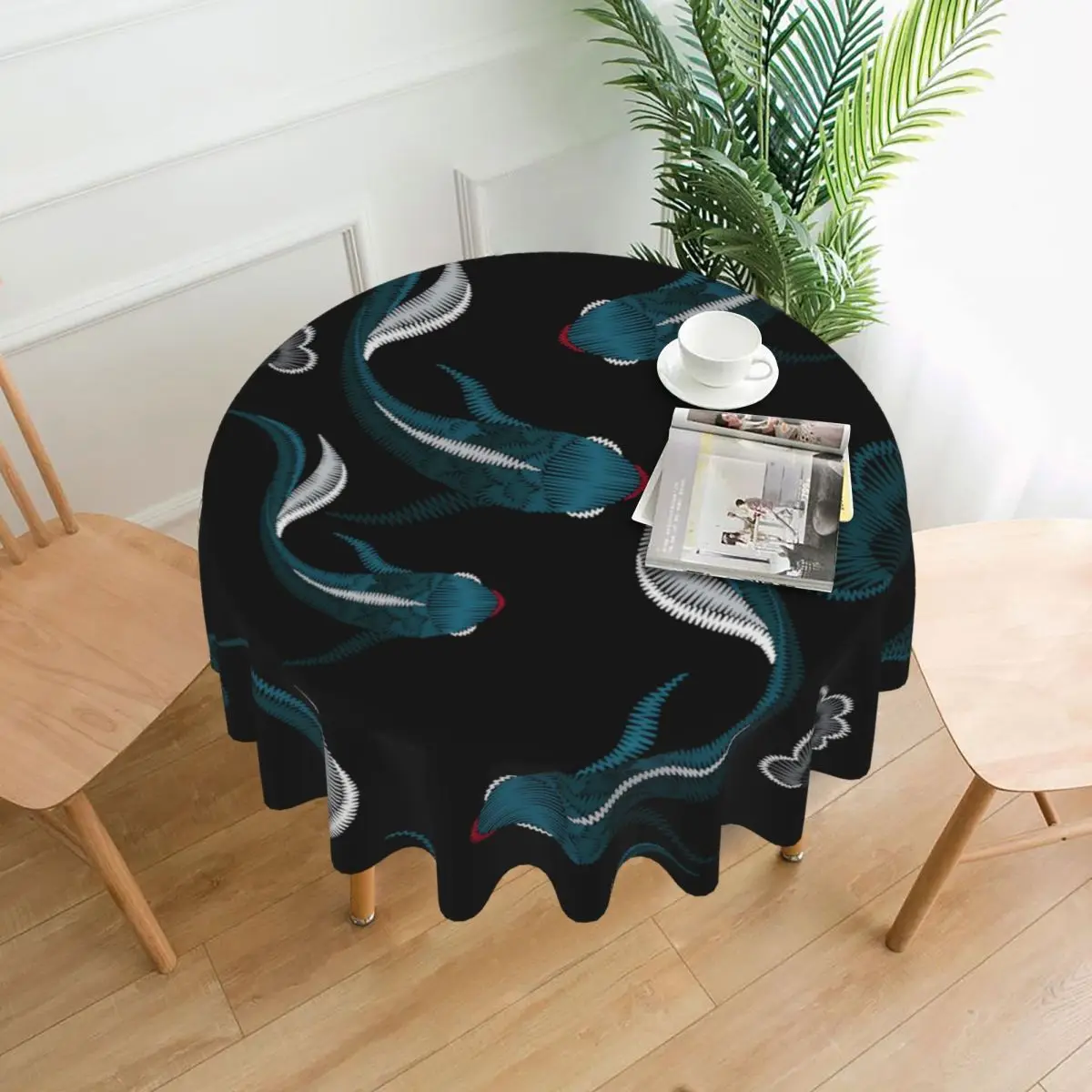 

Table Cloth Embroidery Blue Ethnic Koi Fish Tablecloth Bedroom Dormitory Dressing Table Mat Round Tablecloth Desk Decor