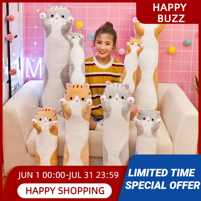 

Kawaii Plush Toy Long Strip Cat Pillow Leather Shell Cylindrical Anime Cartoon Cats Large Cloth Doll