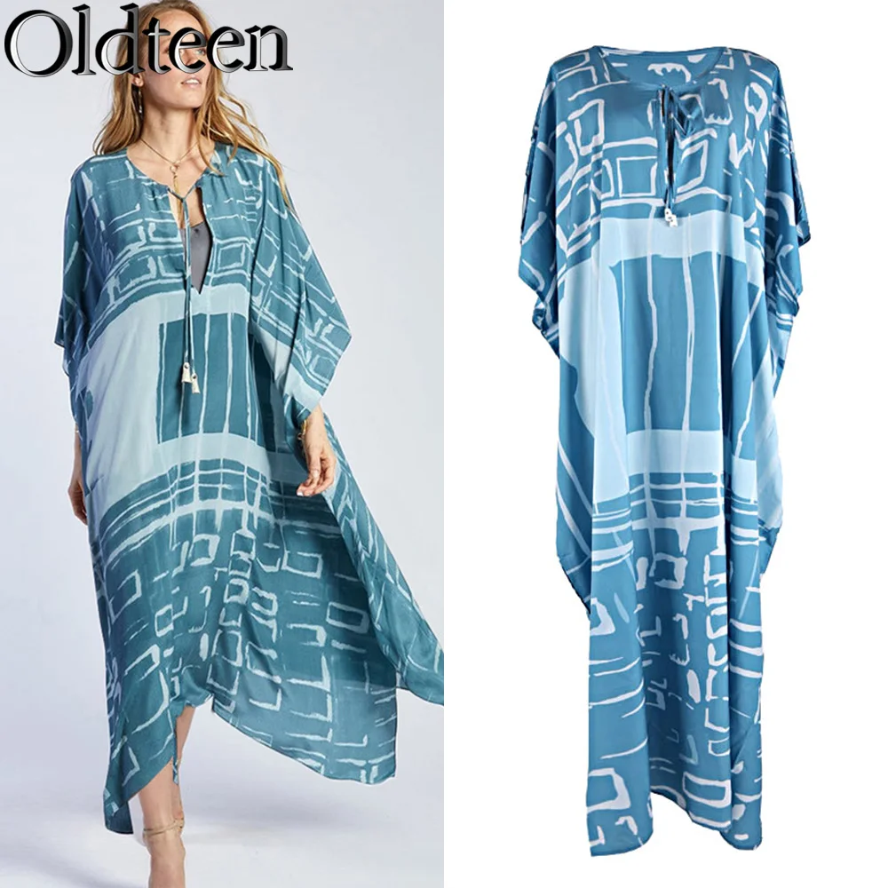 

Summer New Blue Green Geometric Block Beach Gown V-Neck Loose Size Dress Street Outdoor Casual Dress Beach Swimwear Cover Up
