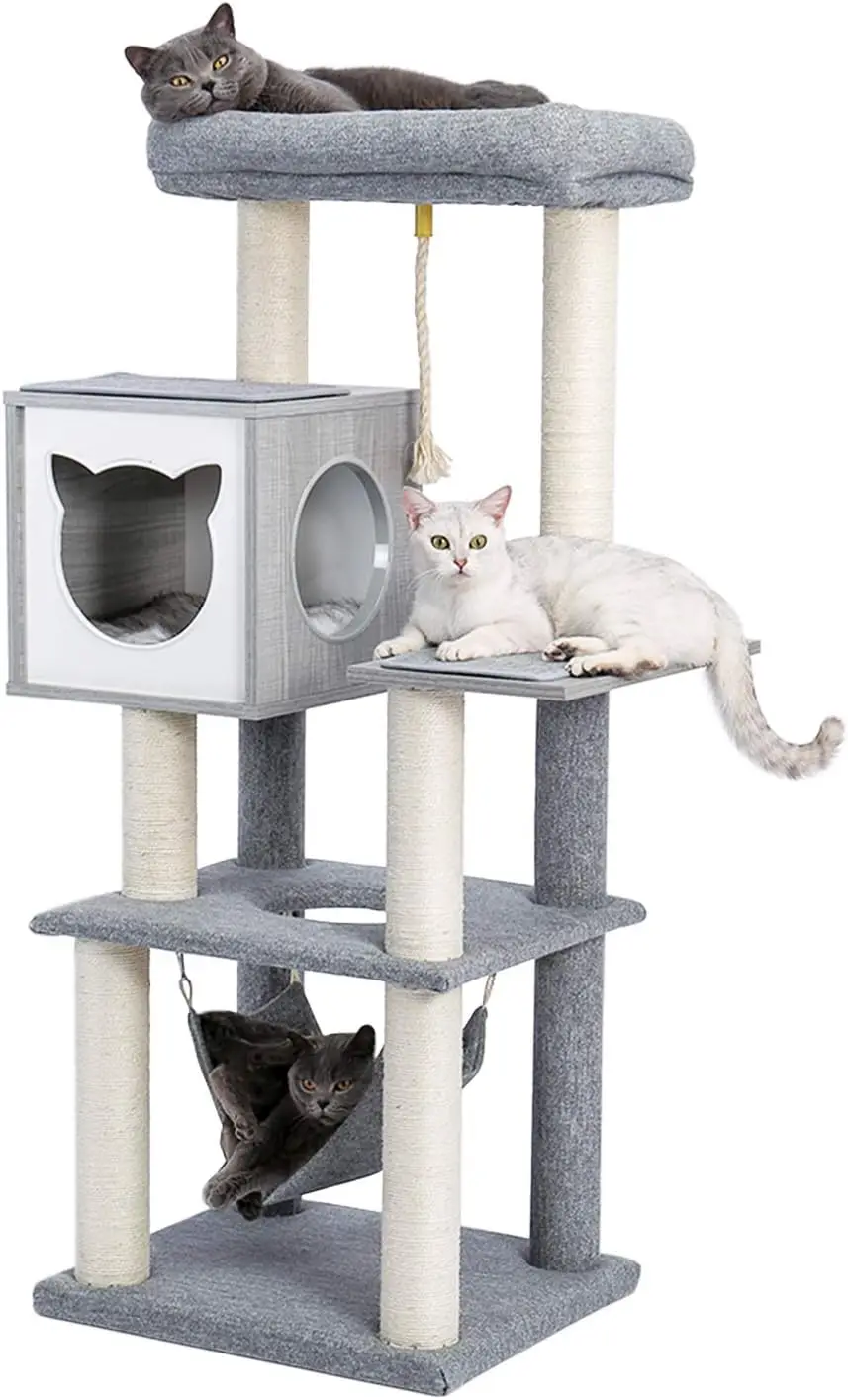 

Modern Cat Tree for Indoor Adult Cats, Wood Cat Tower Sturdy with Hammock for Large Cat, 52" Tall Level Kitty Condo Heavy Du