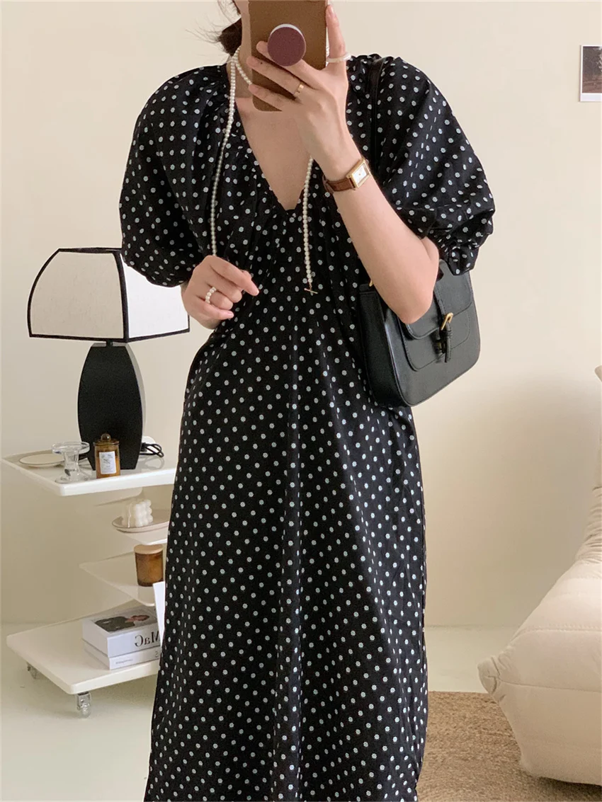 

HziriP Black Polka Dots Women Dress Close Waist Fashion Summer 2022 Puff Sleeve Slim Retro Casual Chic Loose Elegant Vestidos