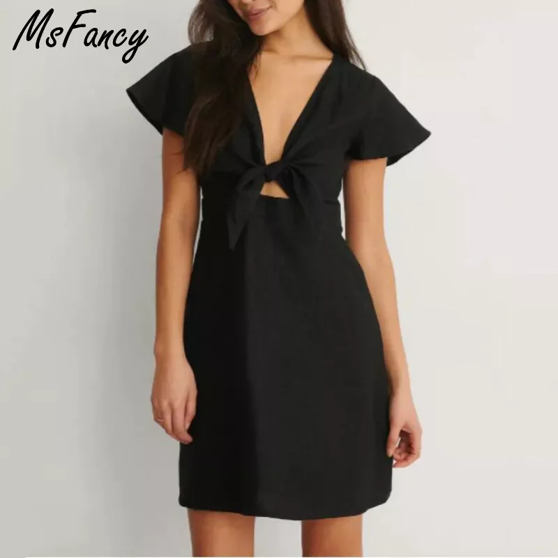 

Msfancy Summer Mini Dress Women Boho Bow Bandage Short Sleeve Vestido De Mujer 2022 Elegant Tunic Mini Robes