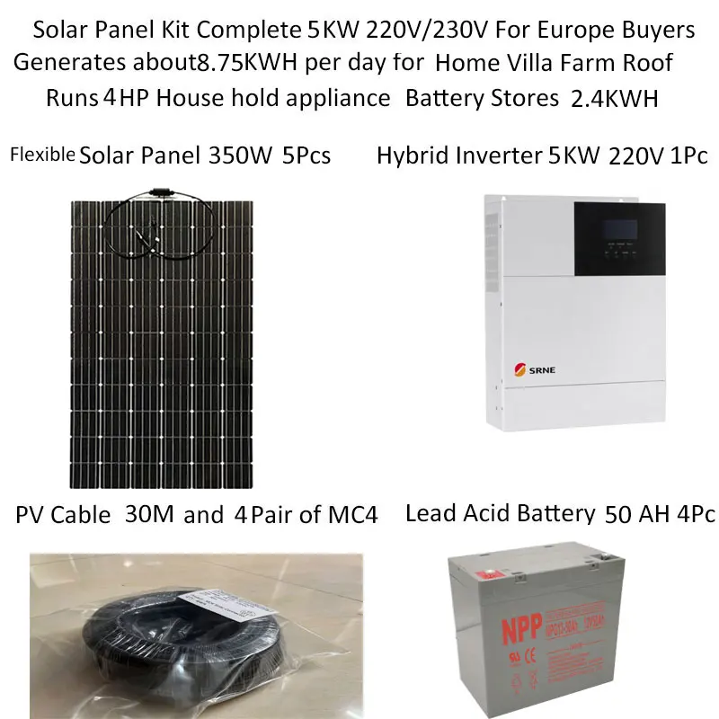 Flexible Solar Panel Kit Complete With Battery 5000W 5KW 110v 220V UPS MPPT Hybrid Inverter Car Camping Caravan Boat Home RV