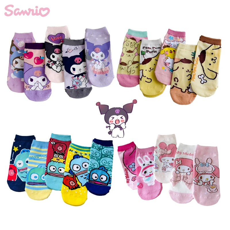 

5pcs Kawaii Sanrio Kuromi Hello Kitty My Melody Pompompurin Socks Cartoon Socks Cotton Soft Sweat Absorbent Breathable Socks