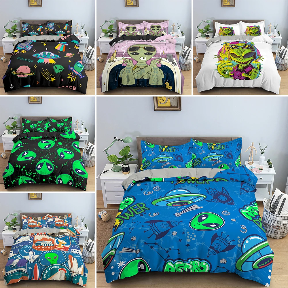 

UFO Alien Theme Polyester Comforter Cover Queen King Size Cartoon Pattern Bedding Set For Teens Kids Bedroom Quilt Cover 2/3Pcs
