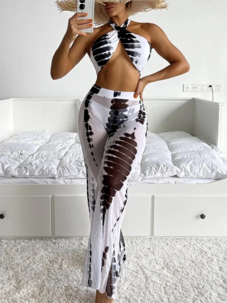 

2022 New Three Piece Full Print Vertical and Horizontal Bikini Swimsuit and Covered Pants Bathing Suit Women Bandeau Swimsuit