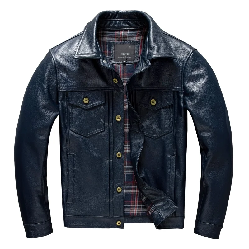 

Мужская весенняя куртка темно-синего цвета в повседневном стиле, модель 5XL, однобортное приталенное короткое пальто из натуральной воловьей кожи