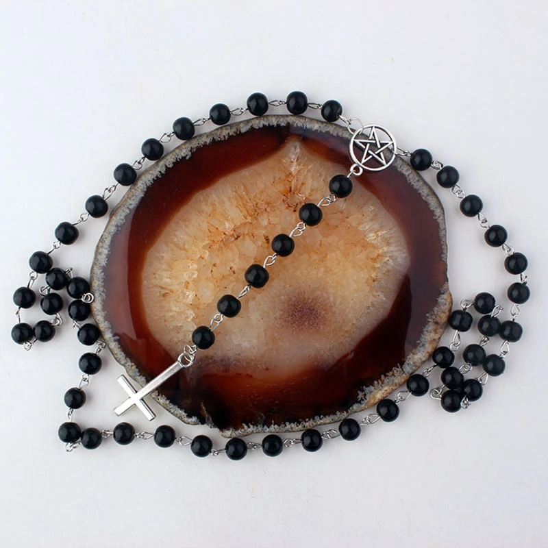 

M2EA Gothic Rosary Cross Charm Choker Necklace Fashion Inverted Cross Pendant Hip Hop Punk Jewelry Gift Black Bead Chain