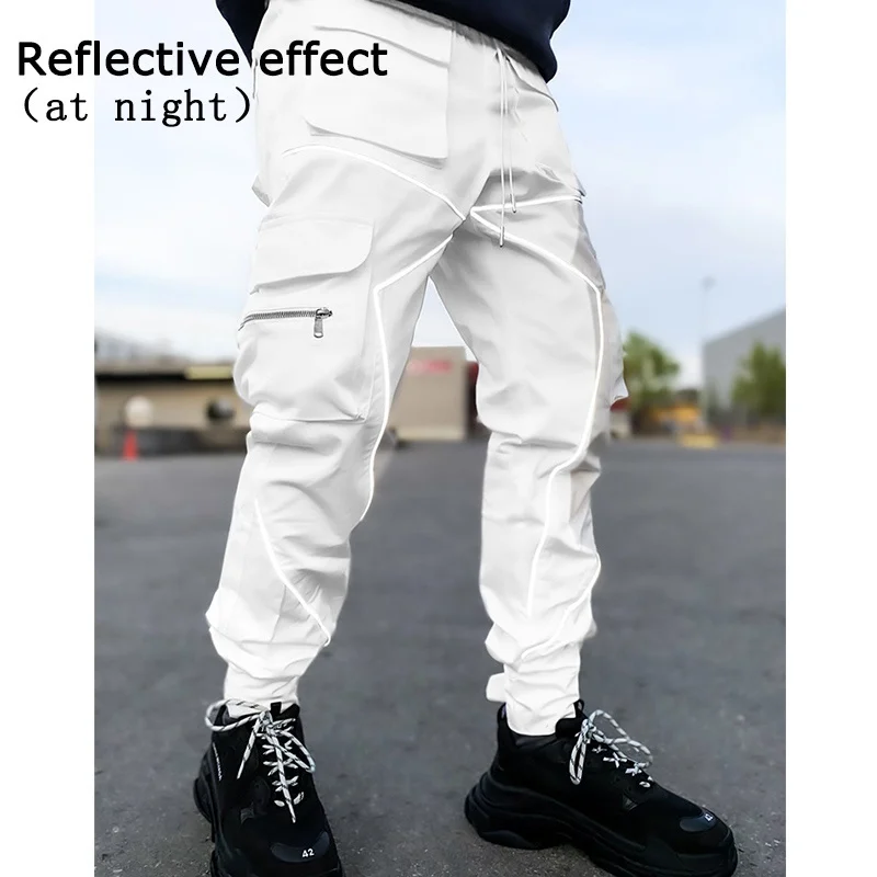 

Hip Hop Casual Pants Men's Loose Straight Cargo Pants Multi Pocket Bunched Sportswear Trousers Reflective Strip Sport Pants