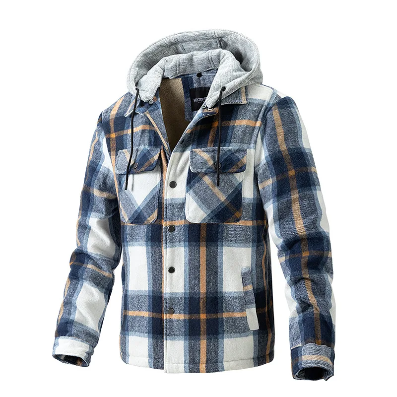 

Mens Fleece Lined Plaid Hooded Shirt Jacket Autumn Winter Long Sleeve Warm Casual Hoodies 2023 New Regular Fit Drawstring Coat