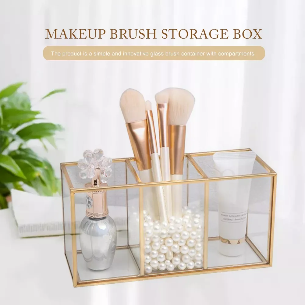 

Transparent Glass Makeup Brush Storage Box Gold Luxury Cosmetics Container Ring Pencil Lipstick Holder Make Up Brushes Organizer