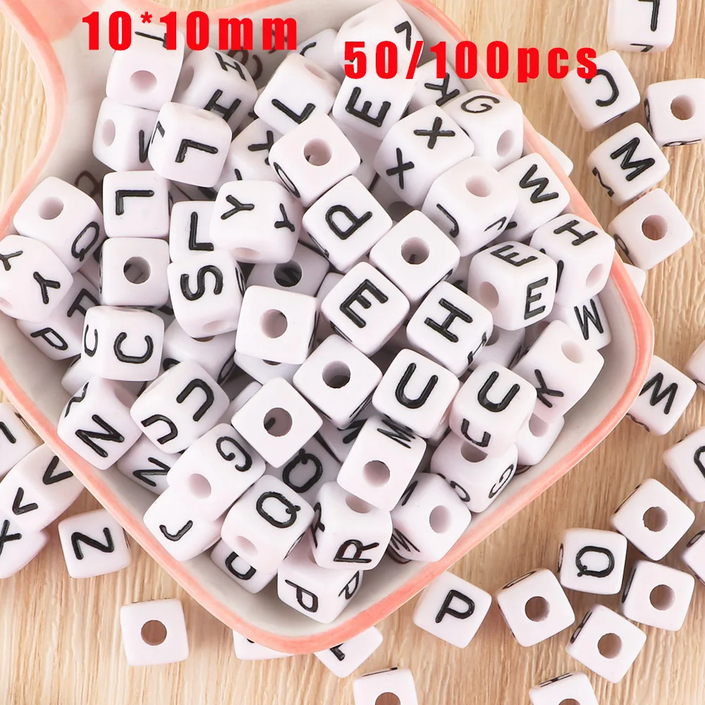 

50/100Pcs Acrylic Letter Beads 10*10MM Square Alphabet Beads Cube Loose Spacer Beads For Jewelry Making Diy Accessories
