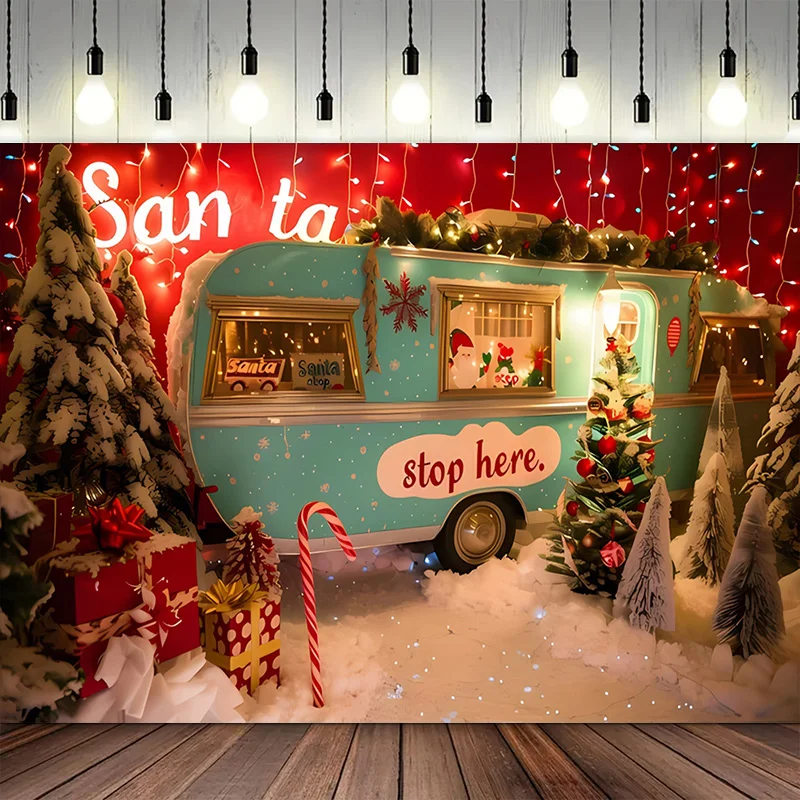 Christmas Photography Background Retro Truck Xmas Tree Forest Snow Candy Cane New Year Party Props