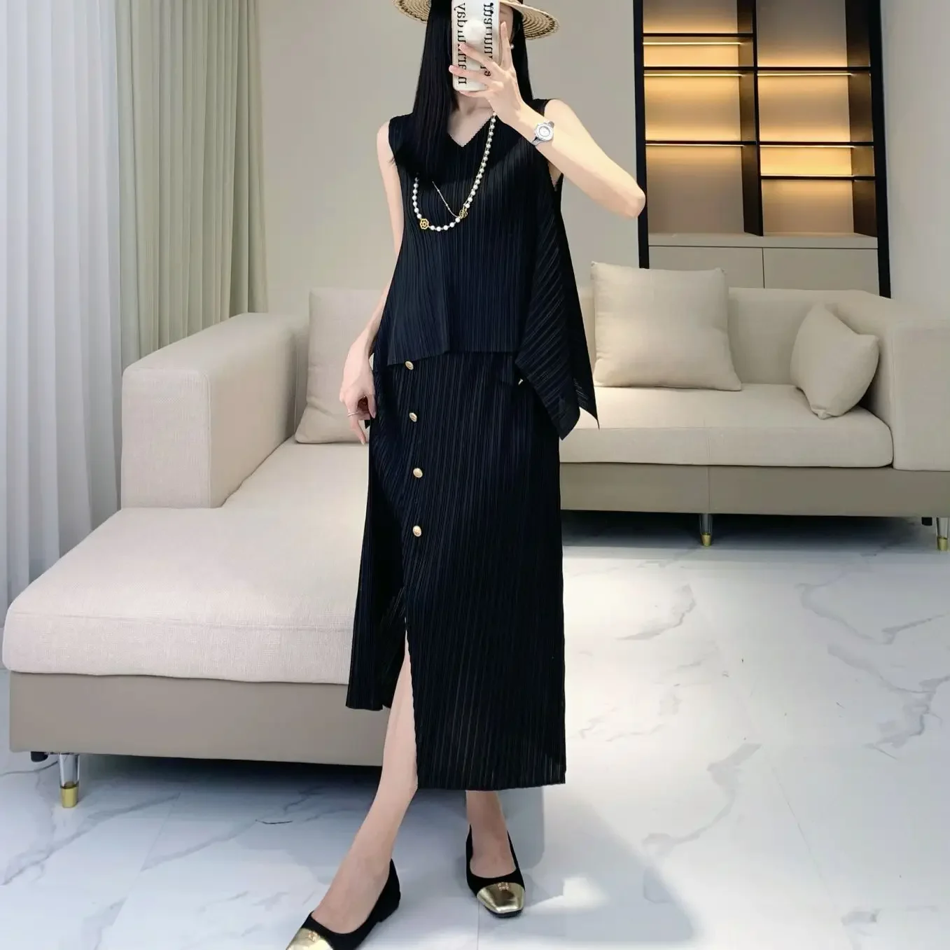 Женский плиссированный костюм с юбкой однотонный Свободный Топ без рукавов