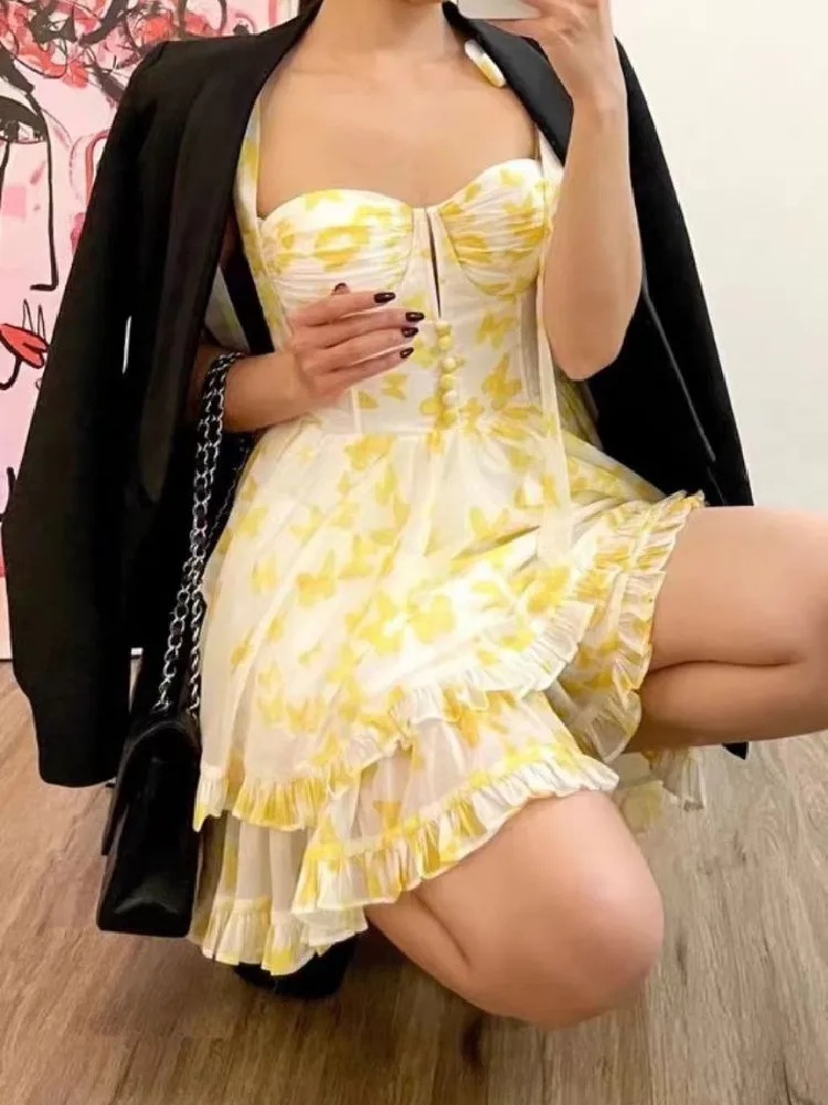 

Women White With Yellow Flower Slit V neck Corset Tie Bow Strap Sling Dress Chiffon Wood ears Ruffle Hem Cake Mini Party Robe