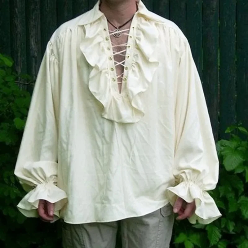 

Men Pirate Shirt Vampire Prince Poet Shirts Medieval Buccaneer Frills Lace Up Renaissance Vintage Gothic Viking Blouse Tops