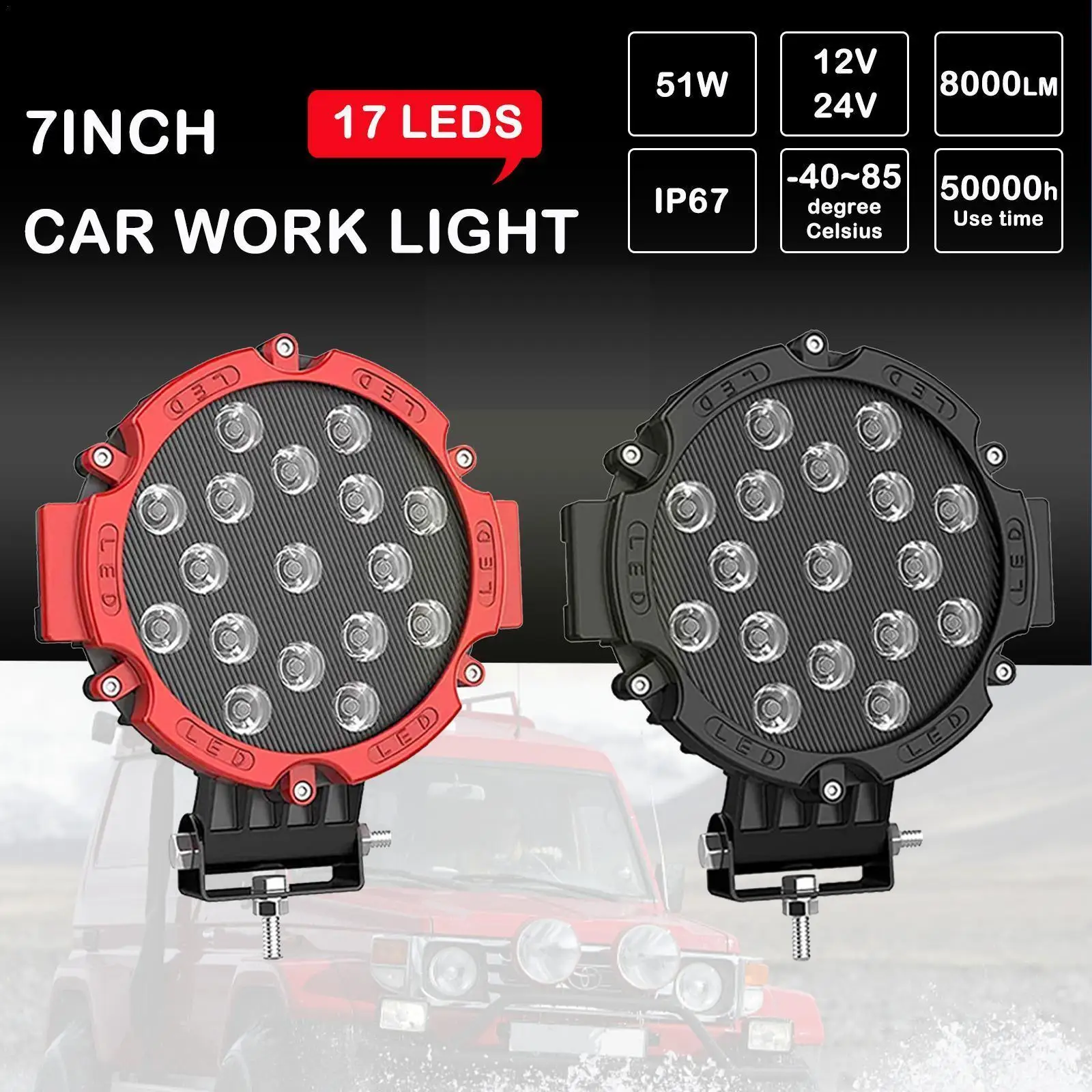 

7 Inch 51W Round LED Work Light Bar Flood Beam Offroad Driving Headlamp For Off Road Truck SUV ATV Boat Inspection Lamp E6Q7