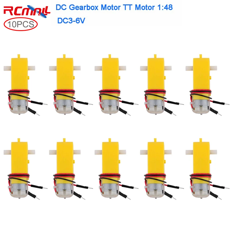 

RCmall 10PCS DC Gearbox Motor TT Motor 200RPM DC 3-6V for Arduino Smart Car 1:48 Male Connector