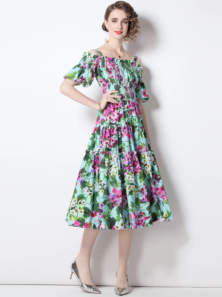 

Runway Fashion Summer Spaghetti Strape Dress Women Off Shoulder Flowers Printed Elastic Waist Holiday Boho Dresses N8252
