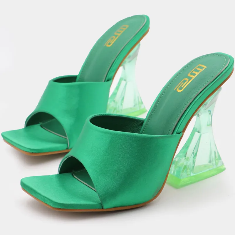 

Shoes Women Satin Heels Sexy High Heels 2022 Summer Women Slippers Sandals Transparent Heels Fashion Sqaure Toe Slides Heels