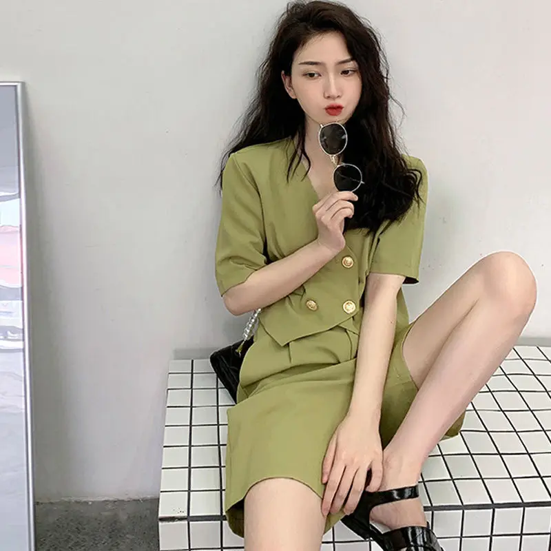 

Women 2022 Summer Fashion Suits Female Thin Suit Shorts Wide-leg Shorts + Short Solid Color Coats Ladiess Two-piece Sets R151