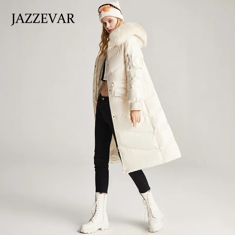 JAZZEVAR 2022 Winter New Thickened Down Jacket Women Everywhere Slim Temperament Women Pull Rope Fox Fur Collar Coat