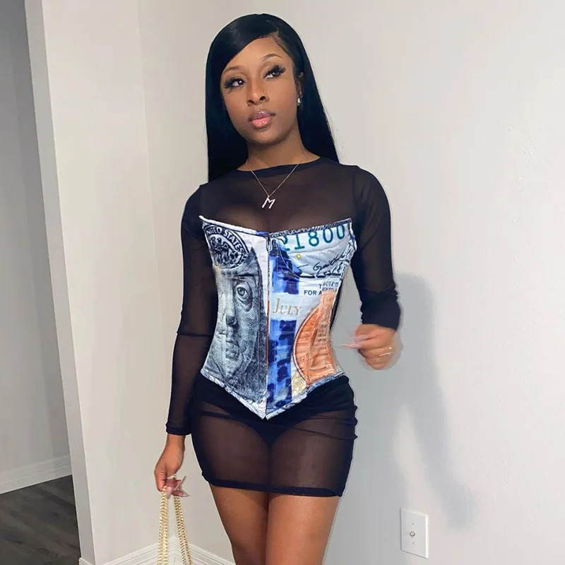 

Printing Bra Women 2022 Spring New Sexy Slim Mesh Transparent Tie Up Tops