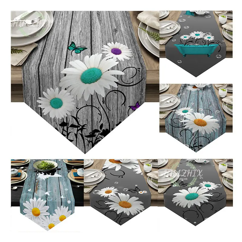 

Wood Grain Butterfly Daisy Table Runner Anti-stain Art Coffee Tablecloth Party Wedding Decorative Aesthetics Prints Patterns