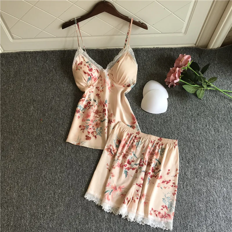 Women's Sleepwear 2 Pcs Sets Tops+Shorts Floral Printed Sexy Lace Satin Sleeveless V-neck Pyjama Sets With Pads