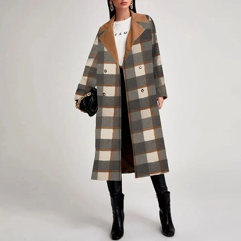 

Vintage Plaid Printed Overcoats Women Winter Woolen Warm Long Cardigan Jacket Office Ladies Elegant Loose Button-up Long Coats