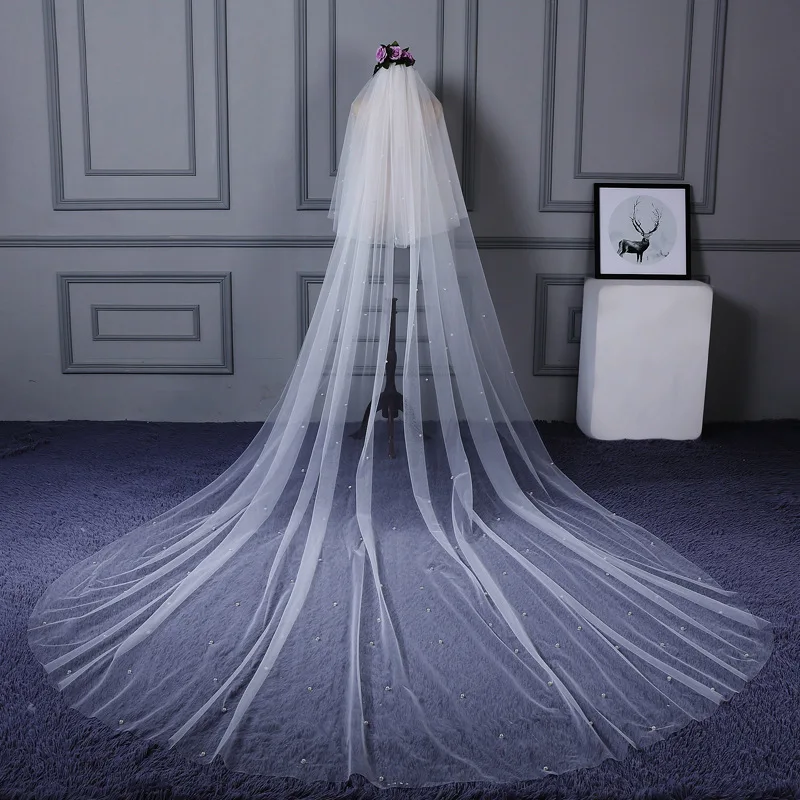 

New Arrival Soft Tulle White Ivory Cathedral Wedding Veils Long Beaded Pearls Braut schleier Bridal Veil Velo de novia casamento