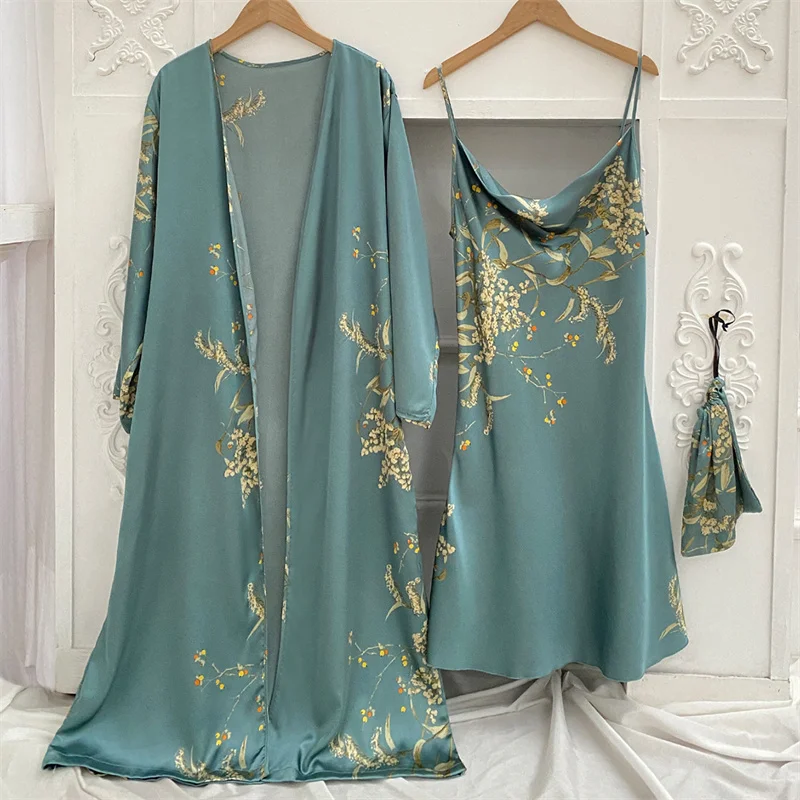Women's Sleepwear 2 Pcs Sets Satin Silk Sleepwear Floral Printed Robe Nightgown and Backless Sleep Dress Pajamas Set