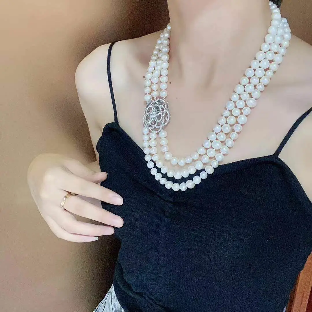 

Triple Strands 9-10mm South Sea Round White Pearl Necklace 18"19"20"