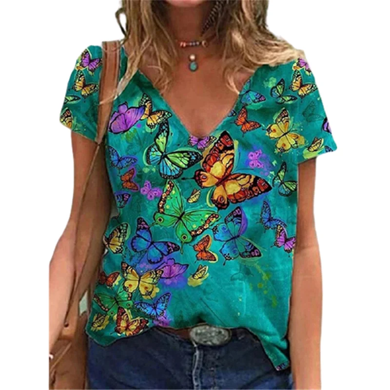 

Cartoon Print Women's T-shirt Short Sleeve V-Neck Women's Blouse Casual Pullovers Female Loose T-shirts
