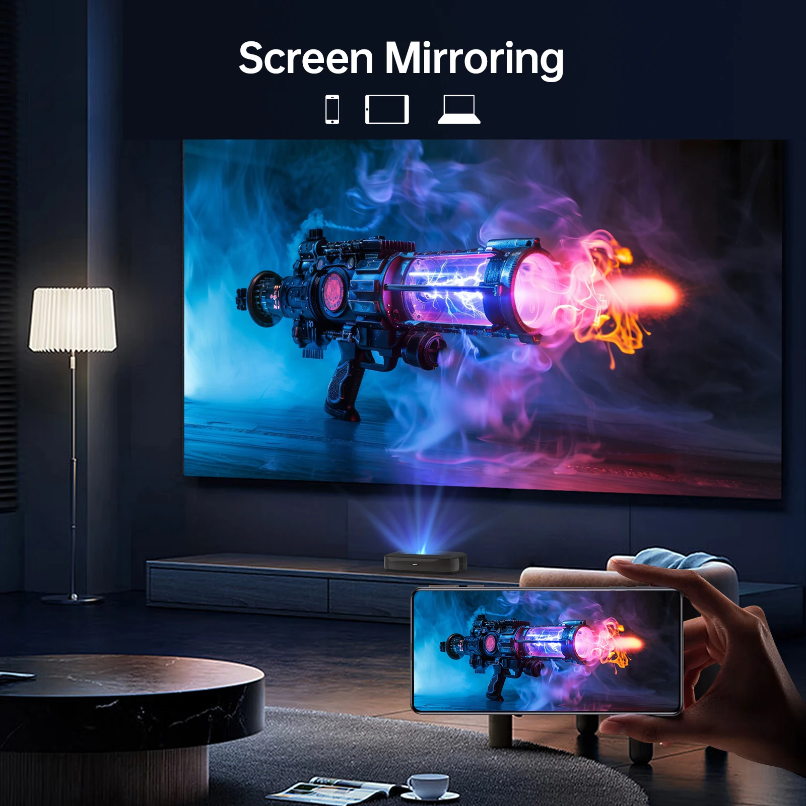 Фото НОВЫЙ H2 Mini Ultra Short Throw DLP-проектор Full HD 1080P 1200 ANSI Люмен GTV UST Тройной лазерный проектор 4k HDR10+ Домашний кинотеатр №5