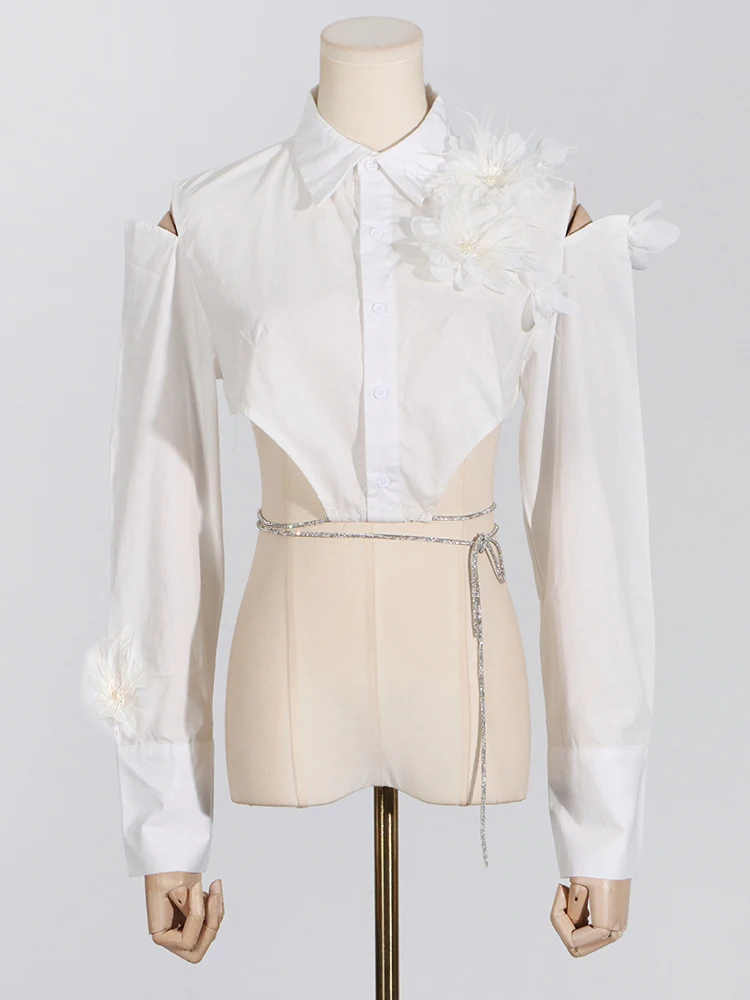 Женская однотонная блузка с отложным воротником длинным рукавом и аппликацией