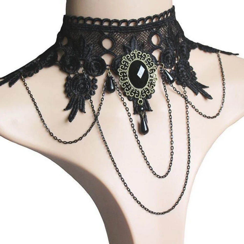 

NCEE Gothic Victorian Black Lace Necklace Women Girl Boho Crystal Tassel Sexy Choker Steampunk Dark Loli Style Halloween Jewelry