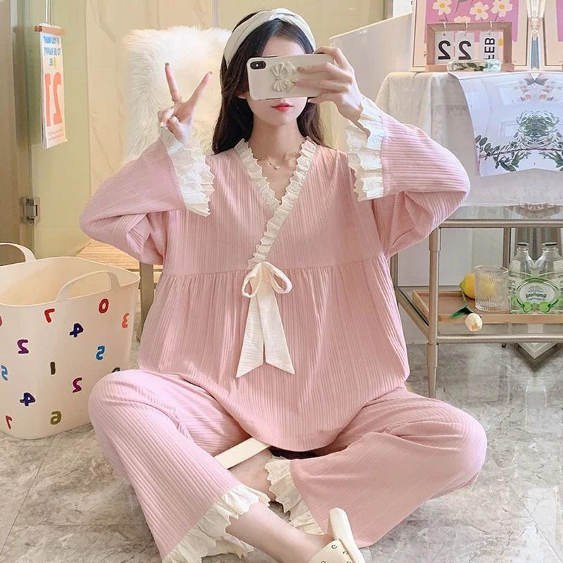 Sexy Lace Pajamas Set Sleepwear For Women Palace Princess Full-Sleeve Sweet Pyjama Women's Autumn Fashion Plus Size Homewear