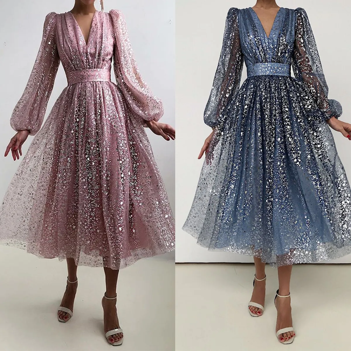 

Gorgeous Ball Gown V Neck Blue Tulle Prom Dresses High Waist Long Sleeved Evening Party Vestido Bridesmaid Bling Robe De Soiree