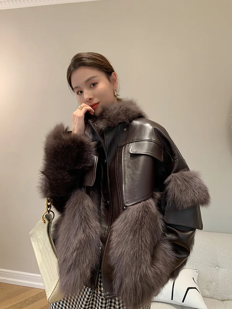 Women Real Fur Coat Autumn Winter Vintage Thicken Fox Fur Stand Collar Down Cotton Liner Splicing Sheepskin Jacket Fur Outerwear