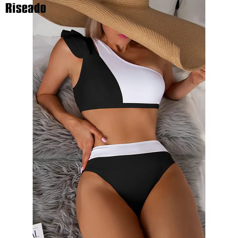 

Riseado One Shoulder Bikini High Waist Swimsuits Women Ruffle Trim Swimwear 2022 Women Two Tone Biquinis Set Cut Out Beachwear