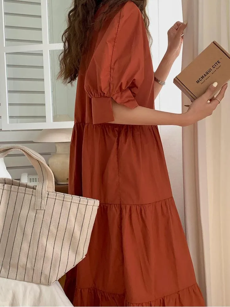 

Summer 2022 Korean Version Temperament V Neck Half Sleeves Single Breasted Loose Waist 100% Cotton Long White Dress Women