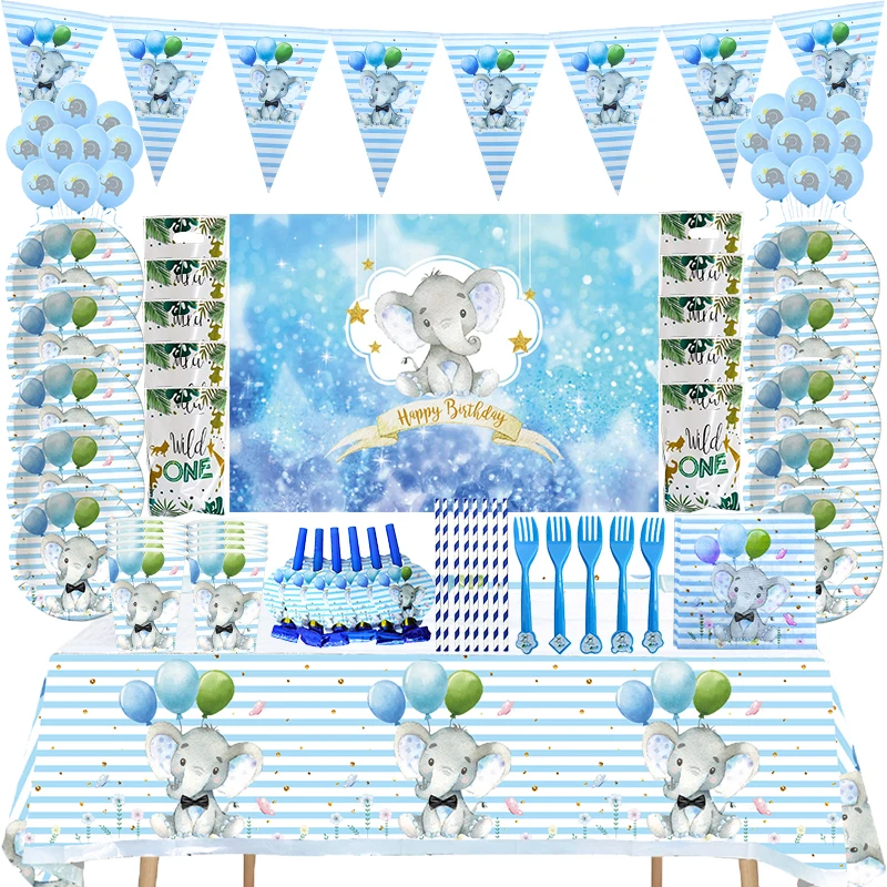 

20PCS Blue Elephant Gender Reveal Disposable Tableware Sets Boy Birthday Party Decor Napkin Plate Cup Baby Shower Party Supplies