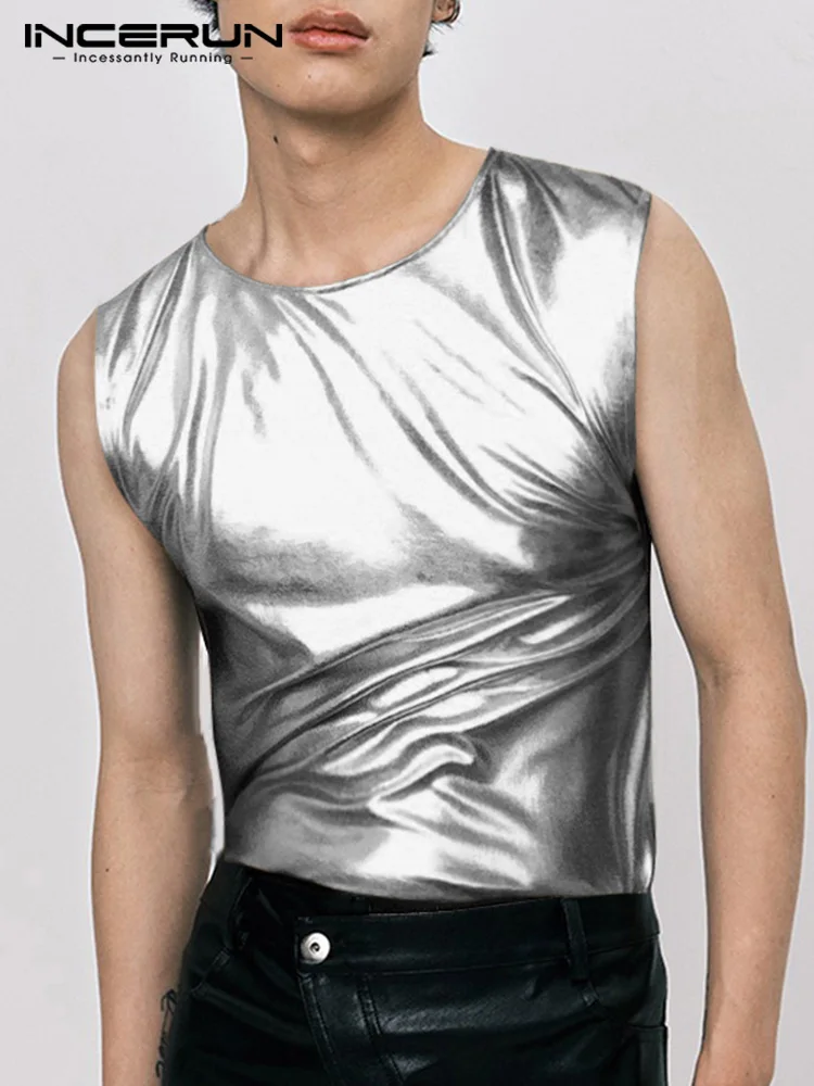 

INCERUN 2022 Men Tank Tops Solid Color Shiny O-neck Sleeveless Party Nightclub Vests Summer Streetwear Sexy Men Clothing S-5XL