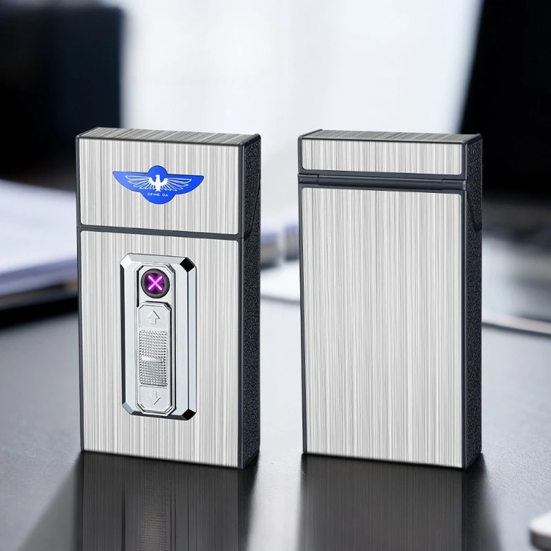 Фото Креативный портсигар, перезаряжаемая через USB зажигалка, металлическая ветрозащитная прикуриватель, 20, портативный контейнер для хранения портсигар №5