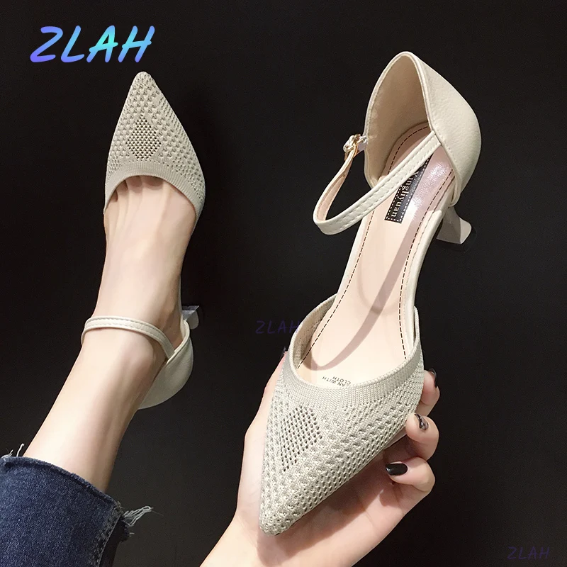 

Туфли-лодочки женские на высоком каблуке, заостренный носок, застежка, вязаные, туфли-лодочки, профессиональная обувь, бежевые