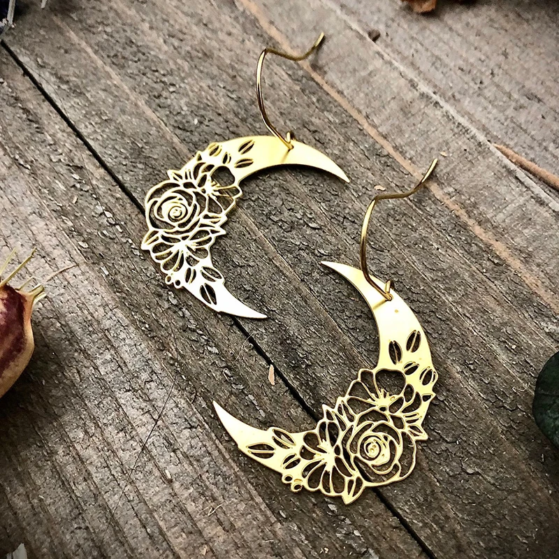 

Gold Floral Crescent Moon Earrings,Gold Pattern Moon Earrings,Gold Rose Pattern Earrings,Gothic Gold Moon Drop Earrings