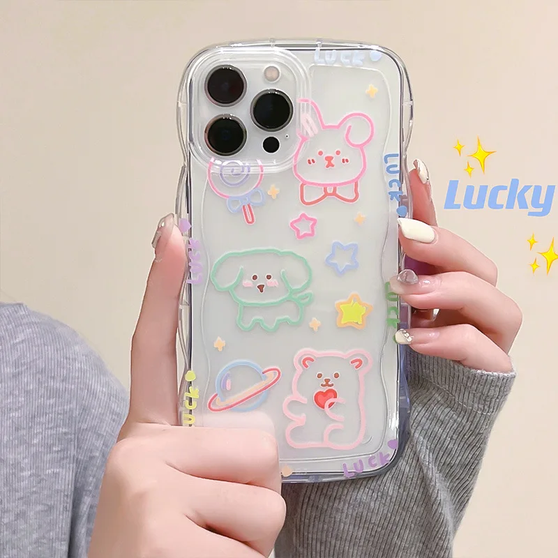 Phone Case For IPhone 11 12 13 14 Pro Max XR Xs Max X 7 8 Cartoon Cute Small Animals Clear Lace Silicone Back Cover