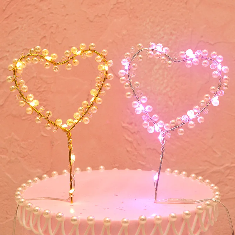 

1PC Heart Shape LED Lighting Pearl Cake Toppers Baby Happy Birthday Wedding Cupcakes Party Cake Flashing Decorating Tool 2022